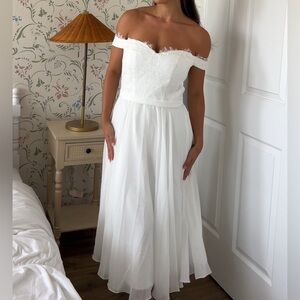 White Off Shoulder Tea Length Chiffon Bridal Dress